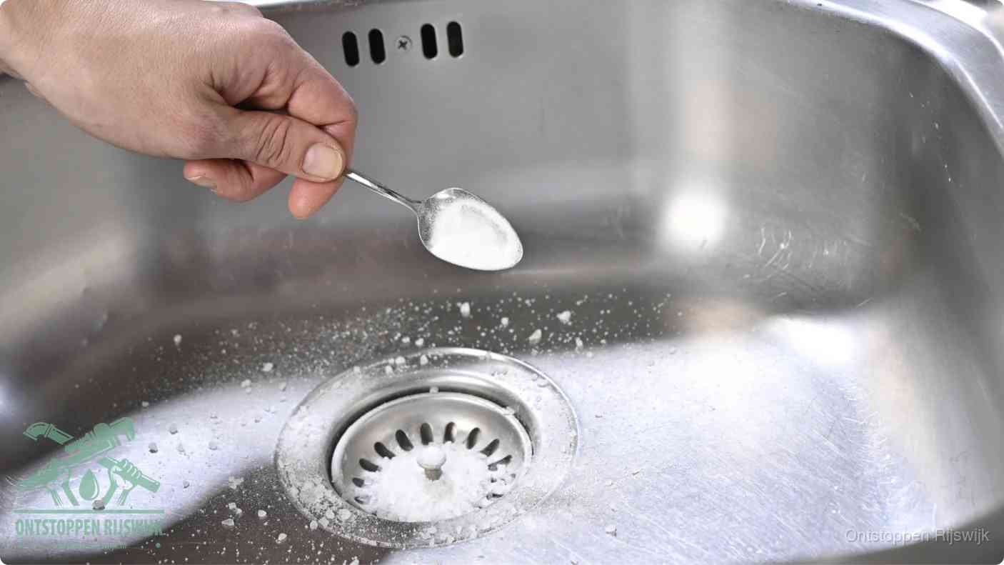 Een hand strooit met een lepel soda in de afvoer van een roestvrijstalen spoelbak, de soda en azijn huismiddel-methode om de afvoer te ontstoppen in Rijswijk
